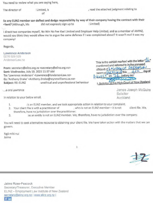 Joyce v Ultimate Siteworks Limited [2024] NZEmpC 204 Annexures to Affidavit of Lawrence Anderson 9 August 2024 - Specifically ELINZ refusing to act on Client File Request