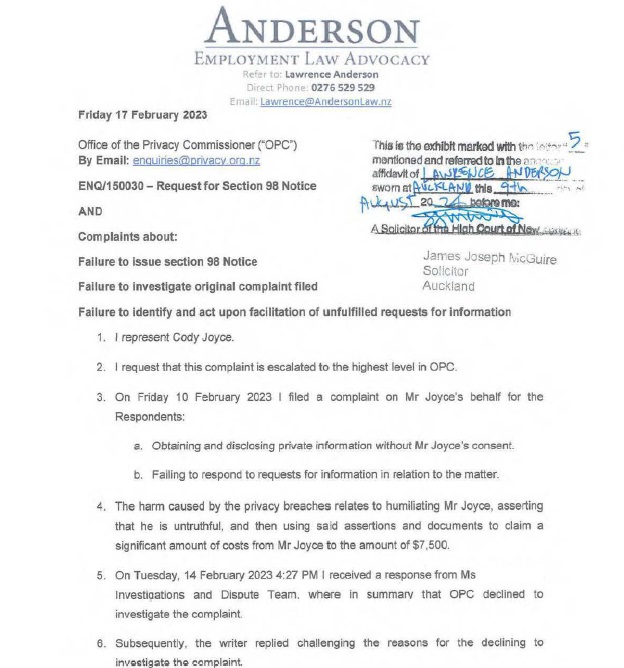 Joyce v Ultimate Siteworks Limited [2024] NZEmpC 204 Annexures to Affidavit of Lawrence Anderson 9 August 2024